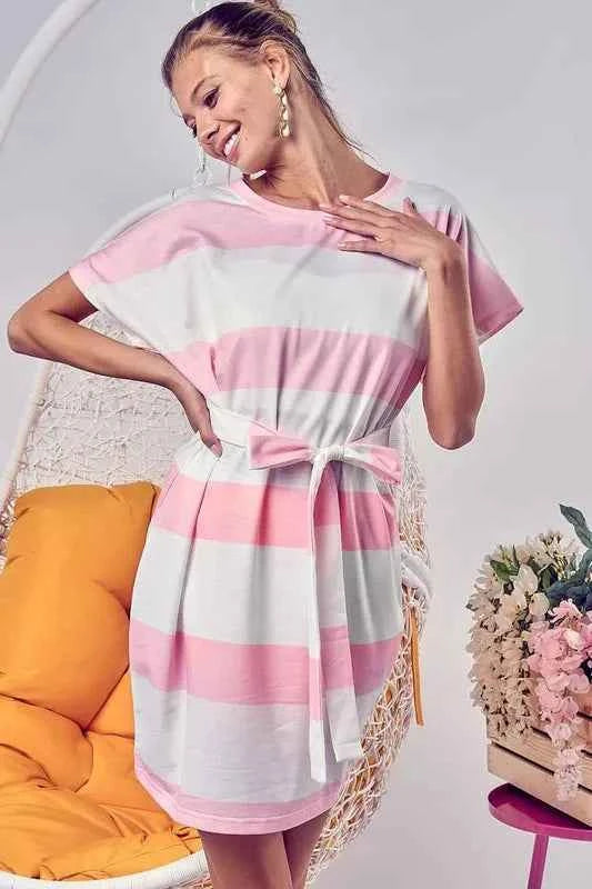 BiBi Tie Front Striped Short Sleeve Dress