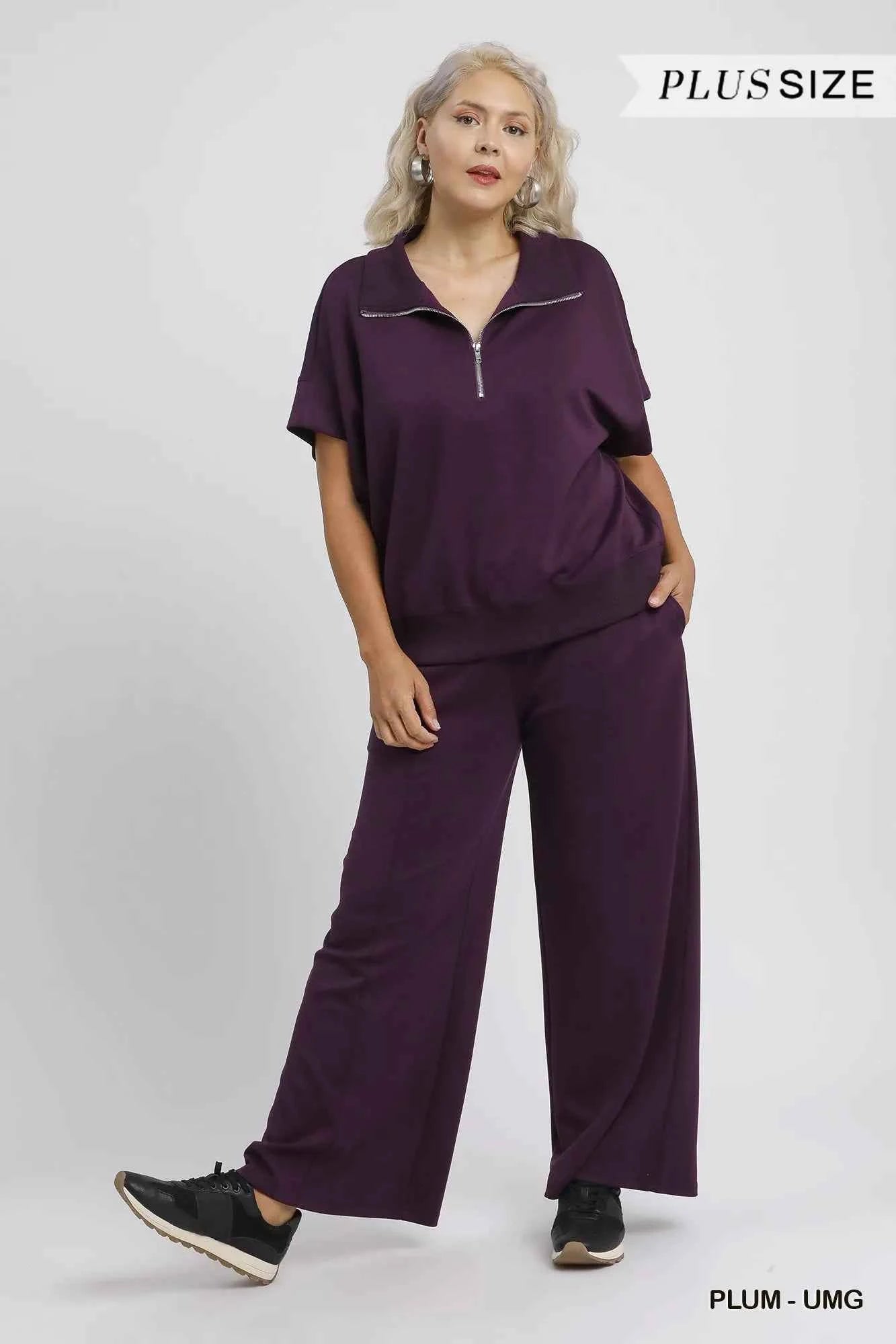 Umgee Full Size Half-Zip Short Sleeve Top Plus Size