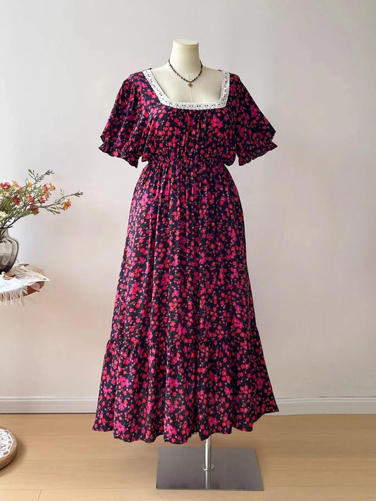 Plus Size Floral Square Neck Short Sleeve Dress