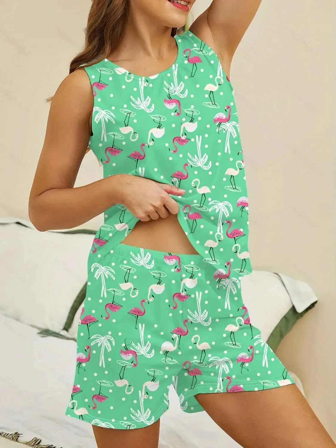 Printed Round Neck Top and Shorts Lounge Set
