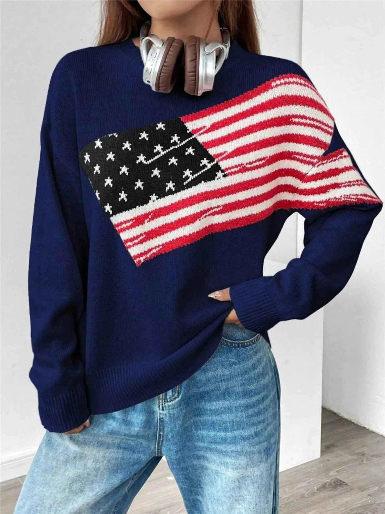 US Flag Round Neck Long Sleeve Sweater