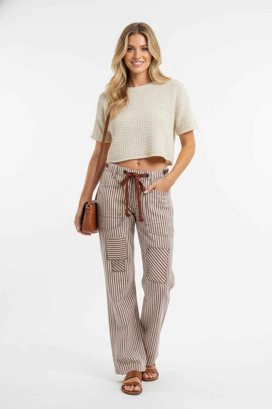 BiBi Drawstring Striped Twill Barrel Pants