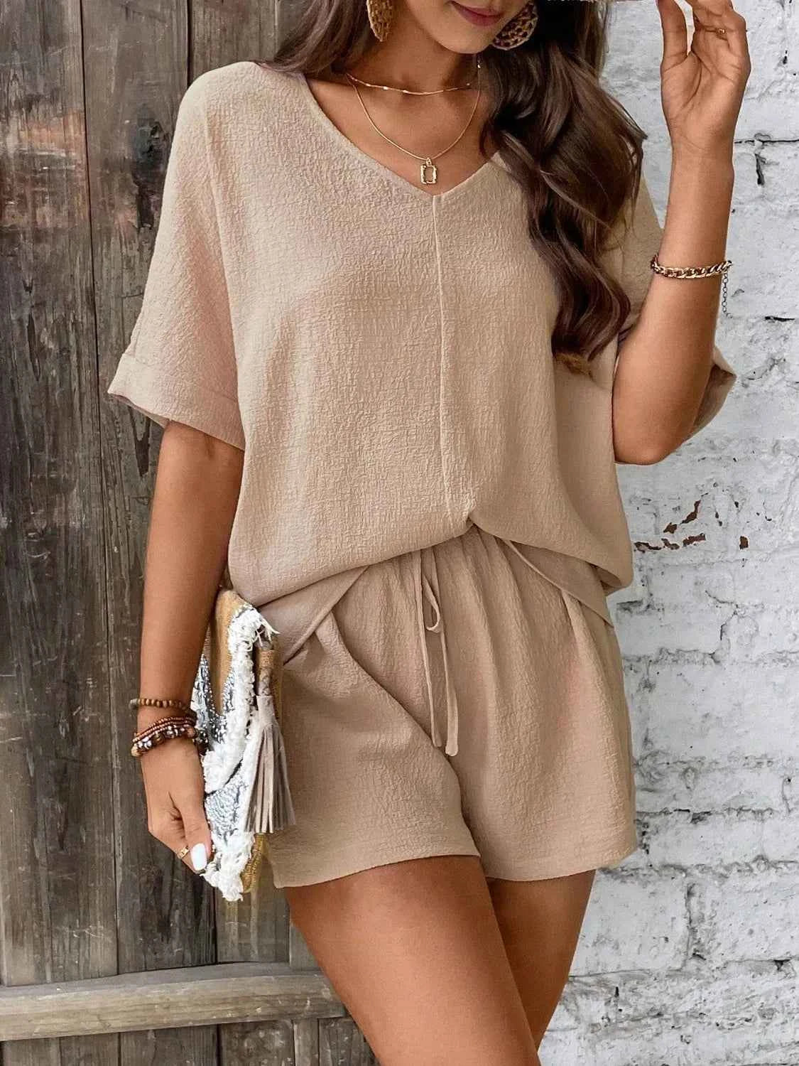 V-Neck Half Sleeve Top and Shorts Set