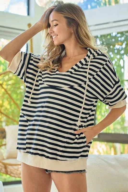BiBi Stripe Fleece Notch Neck Short Sleeve Hoodie