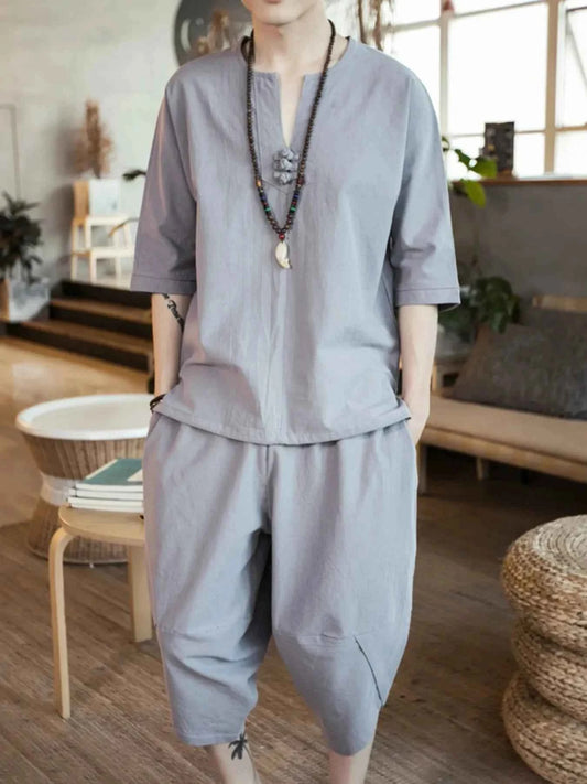 Men's Plus Size Notched Half Sleeve Top and Cropped Pants Set