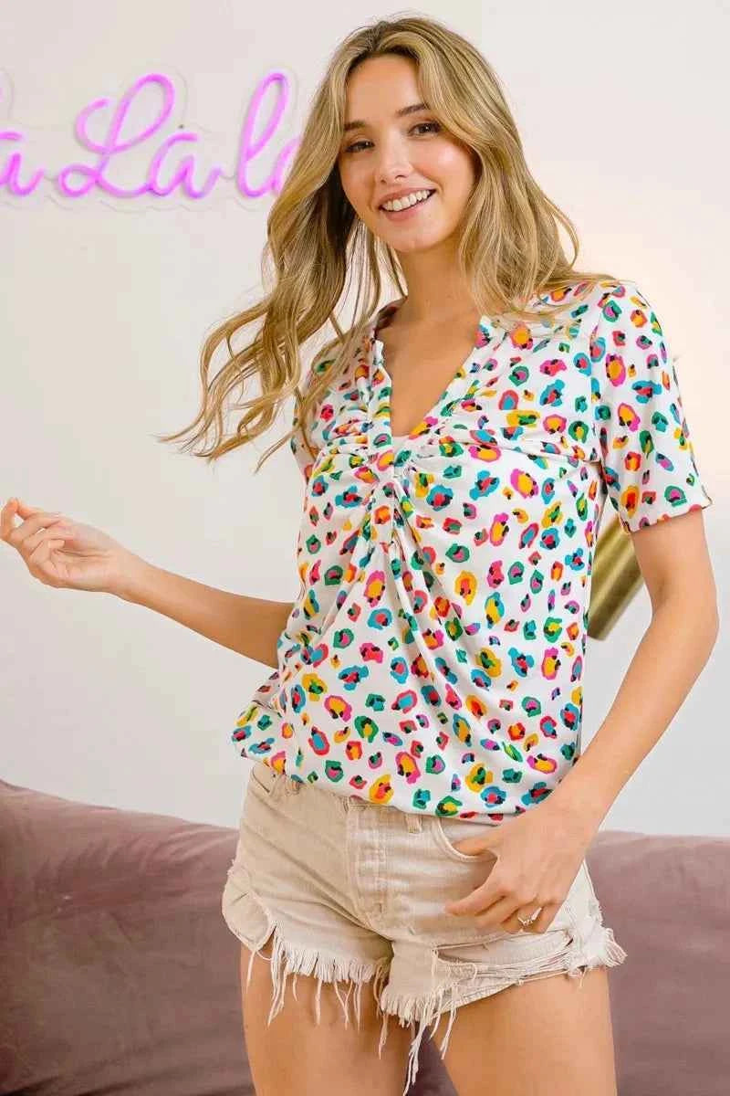 BiBi Multi Color Leopard Jersey Shirred V Neck Top