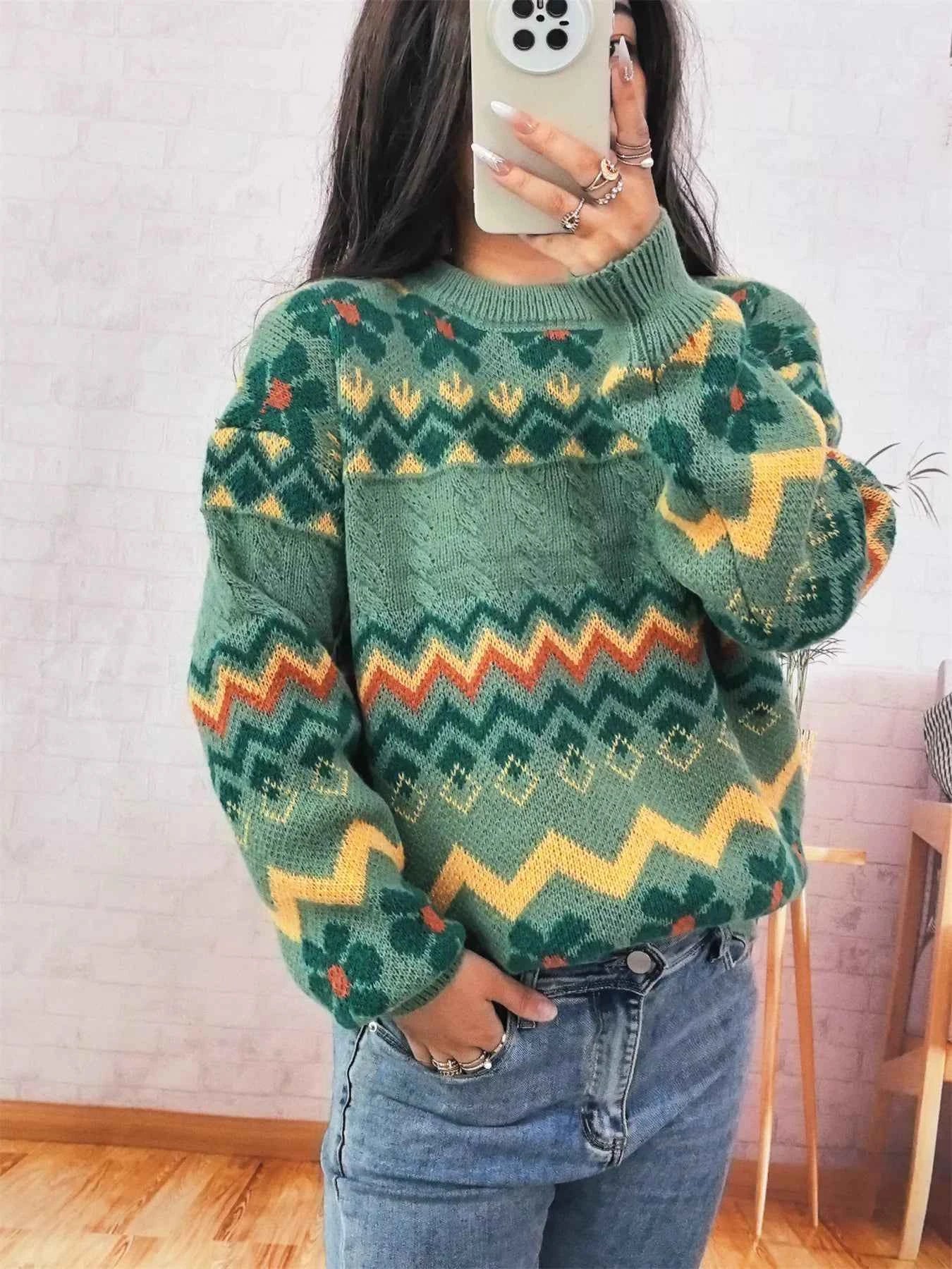 Geometric Round Neck Long Sleeve Sweater