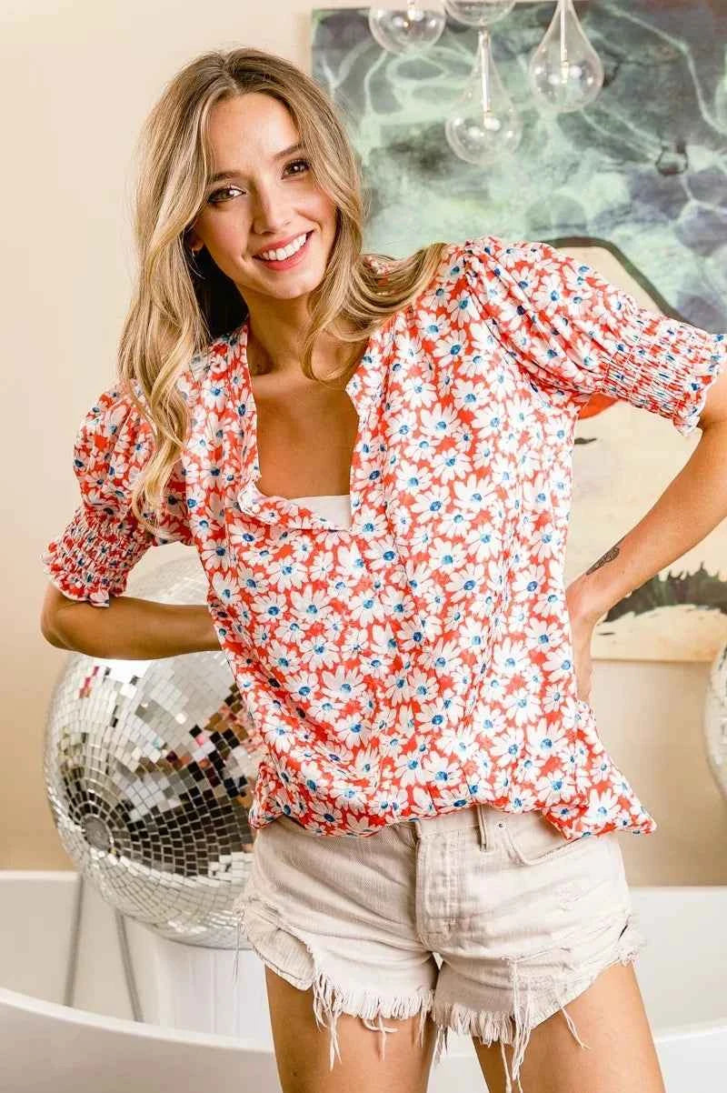 BiBi Floral Jqd Smoked Puff Sleeves V Neck Top