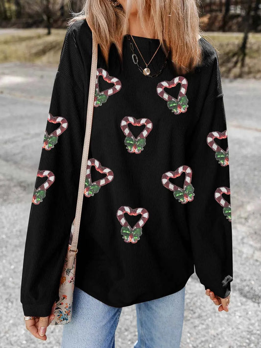 Sequin Christmas Candy Cane Heart Graphic Drop Shoulder Ribbed Sweatshirt