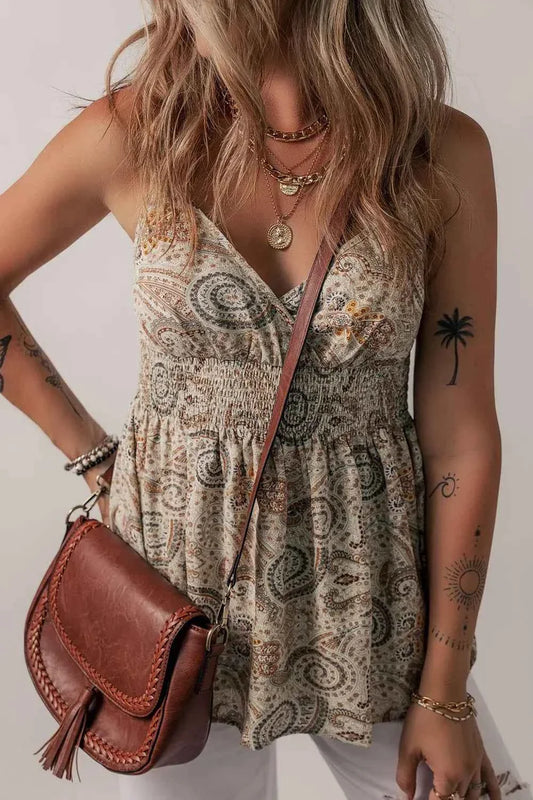 Paisley Printed Smocked Babydoll Cami