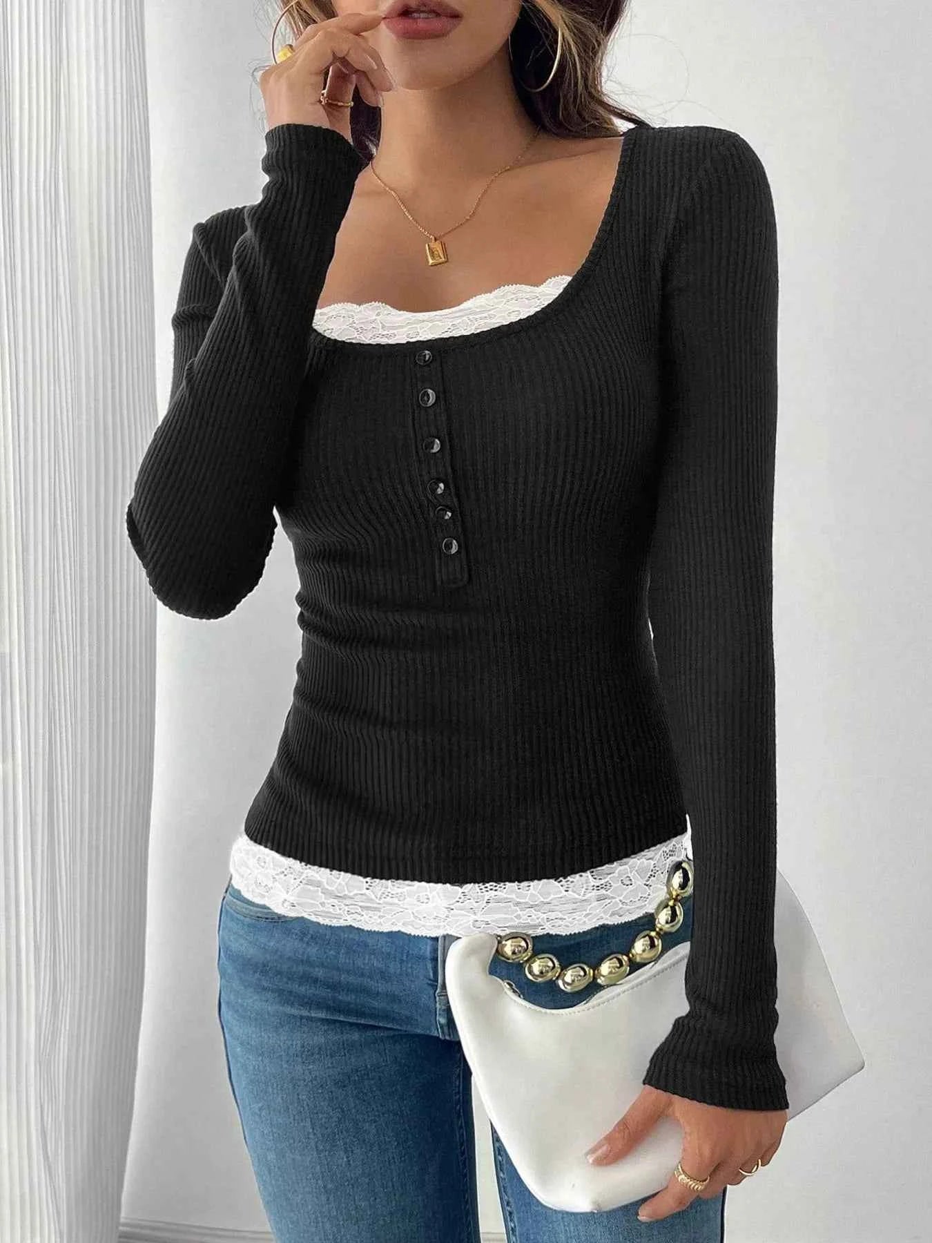 Lace Detail Long Sleeve Ribbed Top