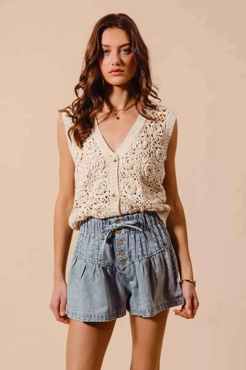 SO ME Flared Denim Shorts with Elasticized Waist