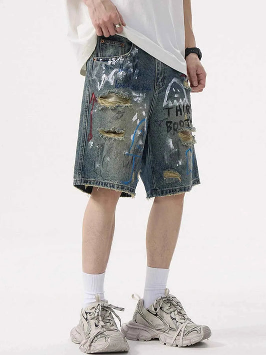 Men's Distressed Graffiti Denim Shorts