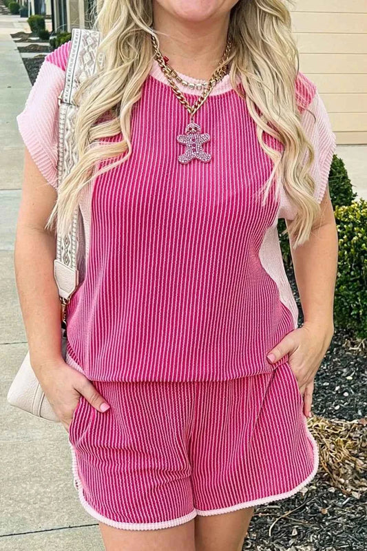 Ribbed Round Neck Top and Shorts Two-Piece Casual Set