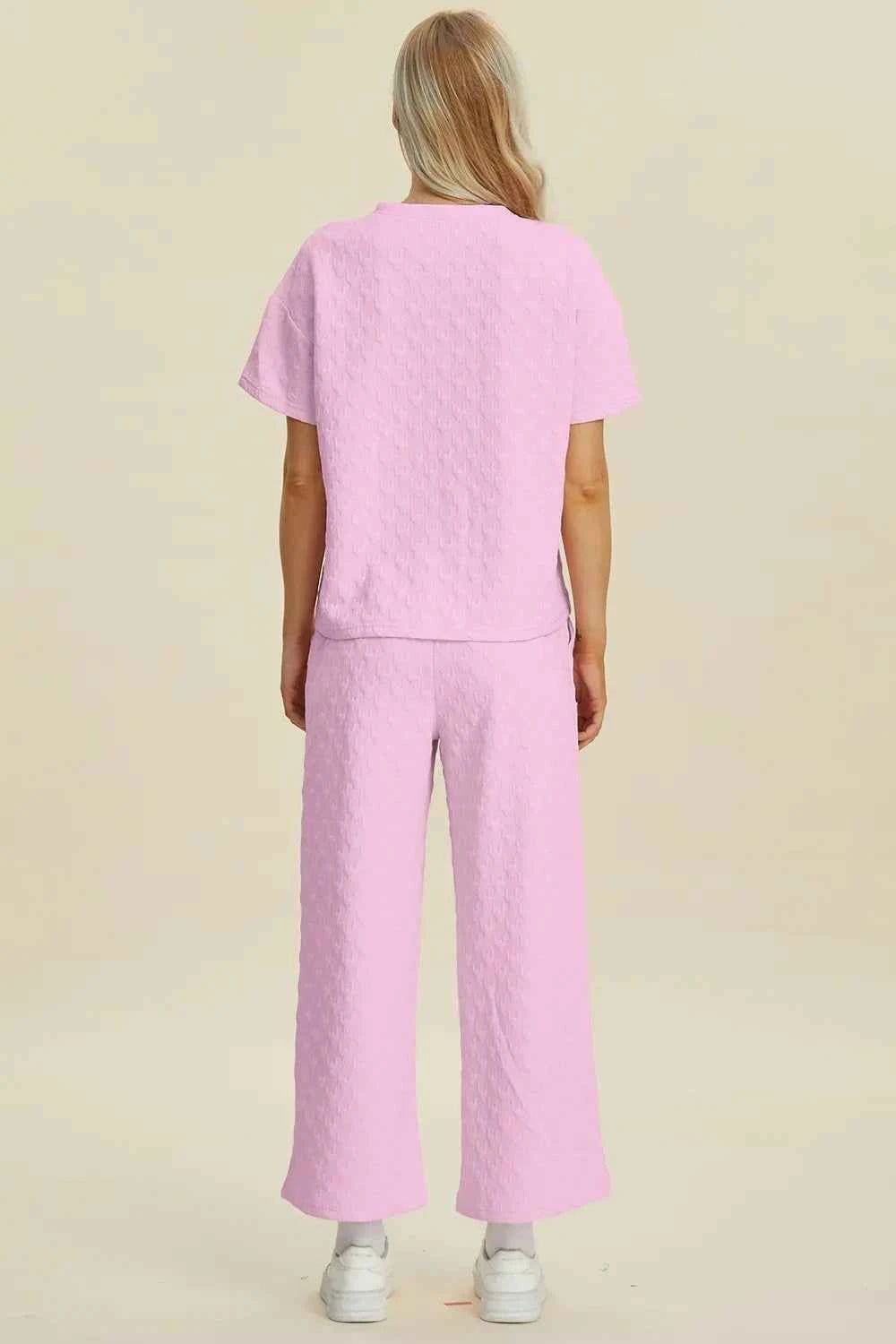 Double Take Full Size Texture Round Neck Short Sleeve Top and Pants Set