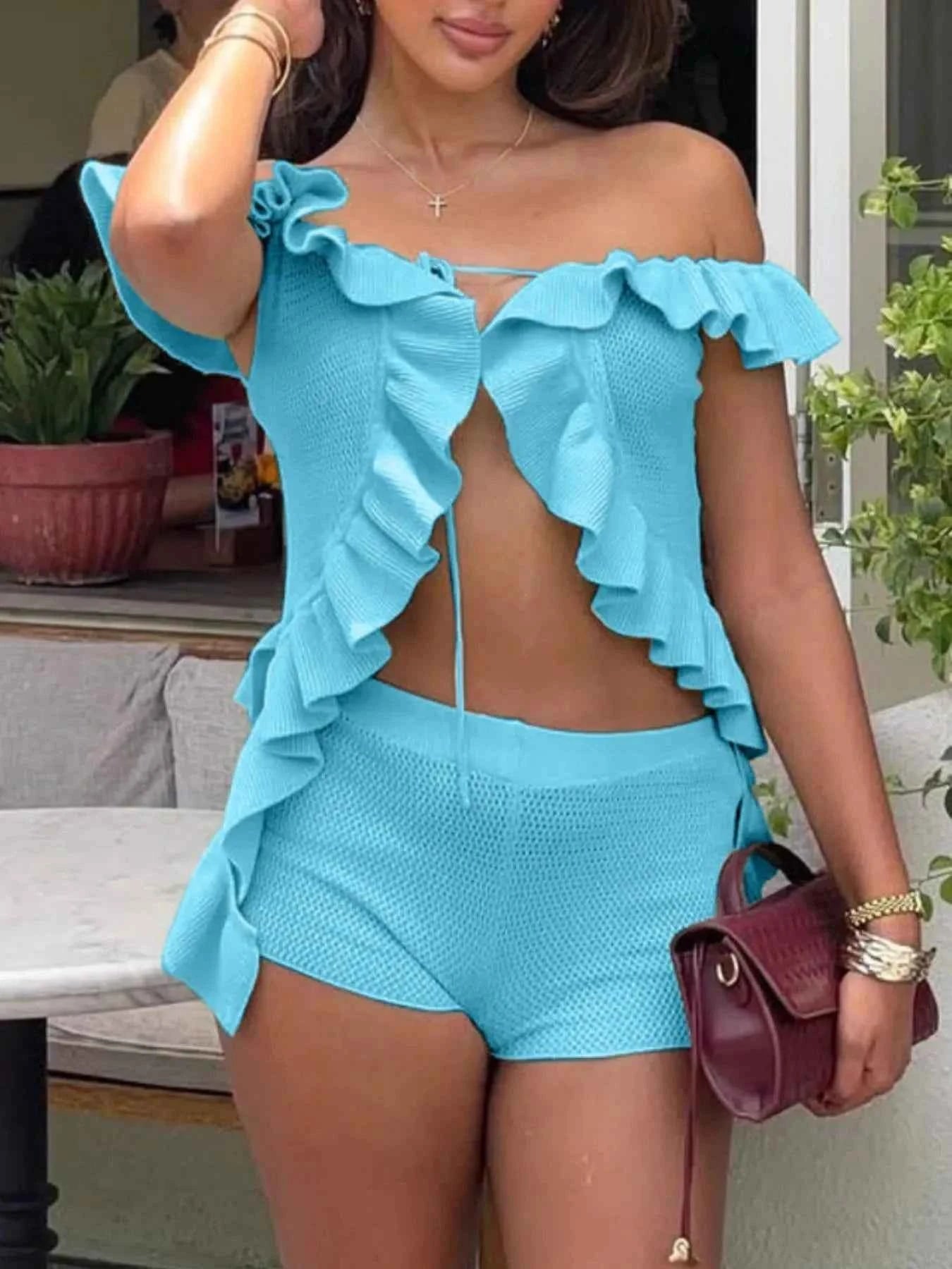 Off-Shoulder Ruffle Top and Shorts Sweater Set