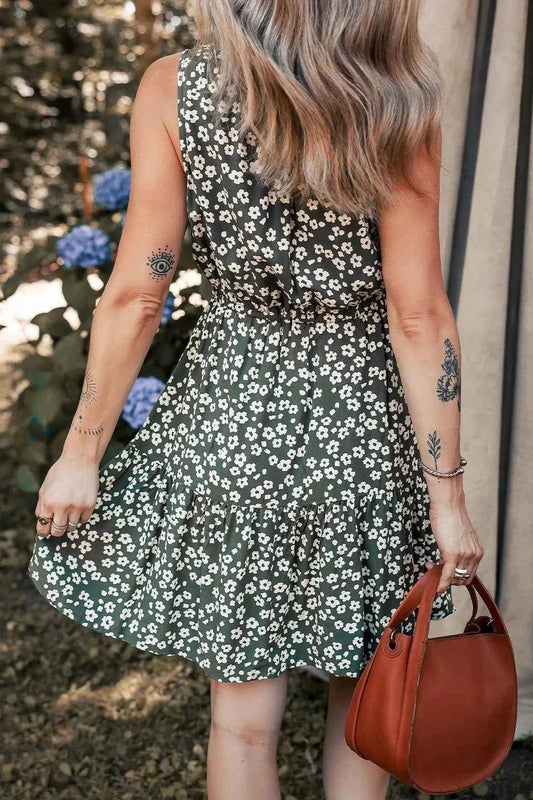 Boho Floral Print V Neck Tunic Sleeveless Dress