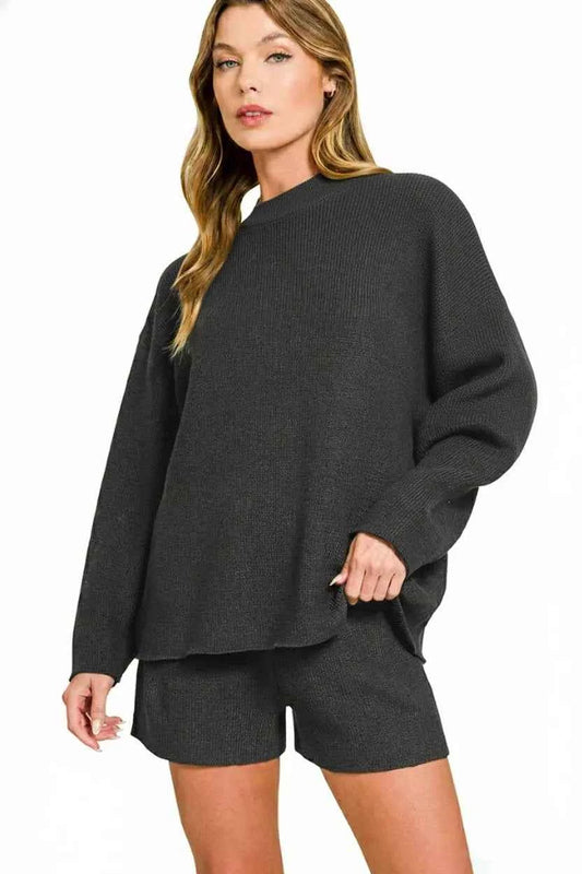 Zenana Round Neck Knit Top and Shorts Sweater Set