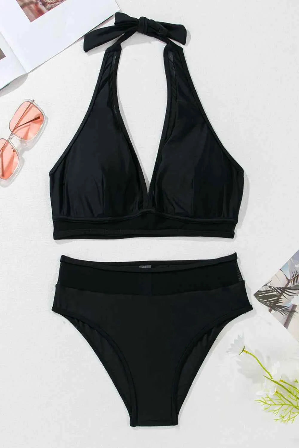 Sheer Mesh Edged Halter V Neck Push Up Bikini Set