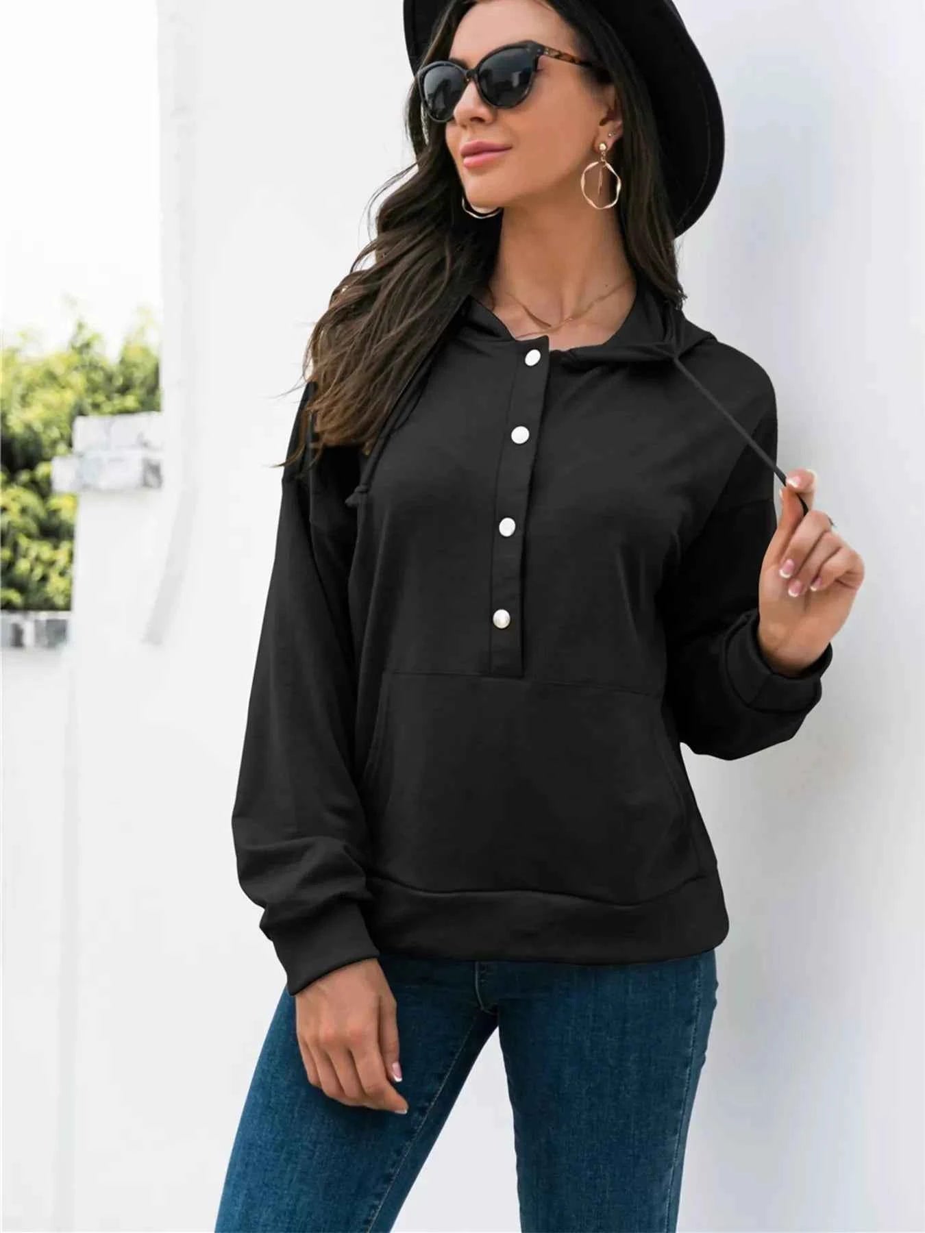 Full Size Snap-Down Hoodie with Kangaroo Pocket Plus Size