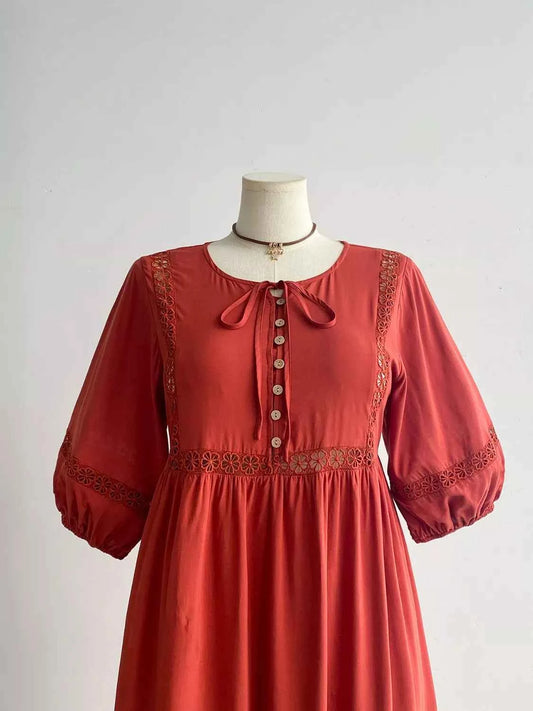 Plus Size Tie Neck Puff Sleeve Midi Dress with Lace Trim