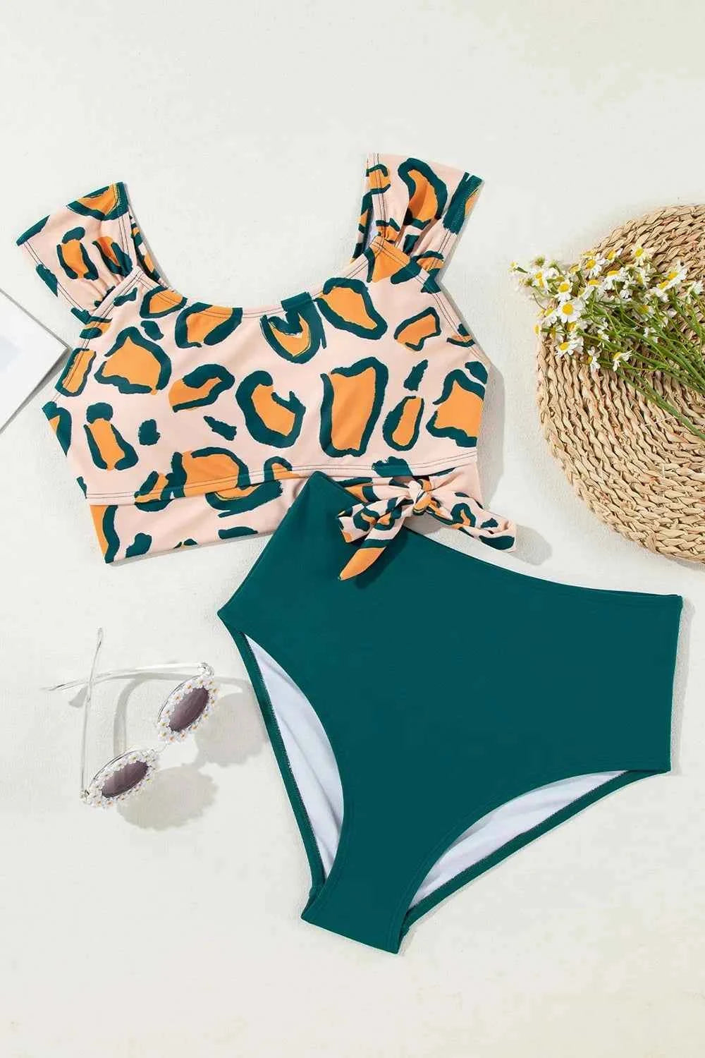 Leopard Print U Neck Knotted High Waist Bikini Set