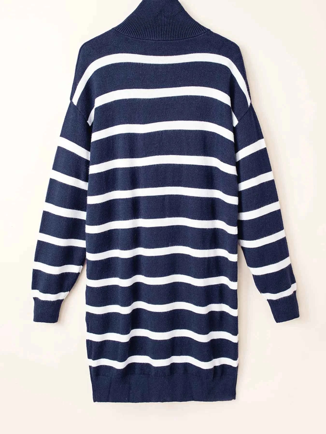 Striped O-ring Zip Collared Loose Sweater Mini Dress
