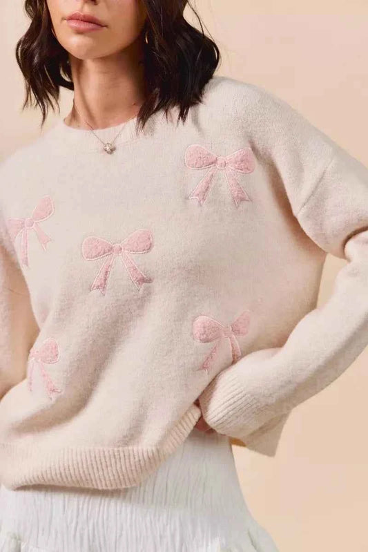 SO ME Embroidered Ribbon Round Neck Sweater