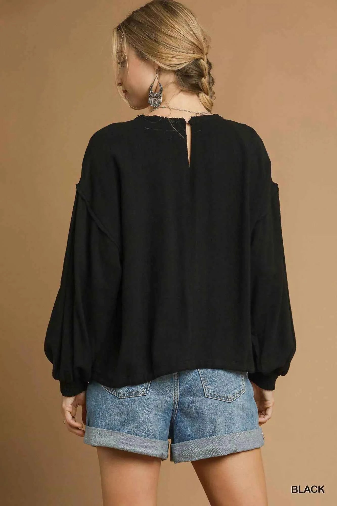 Umgee Full Size Linen Long Sleeve Top with Drawstring Plus Size