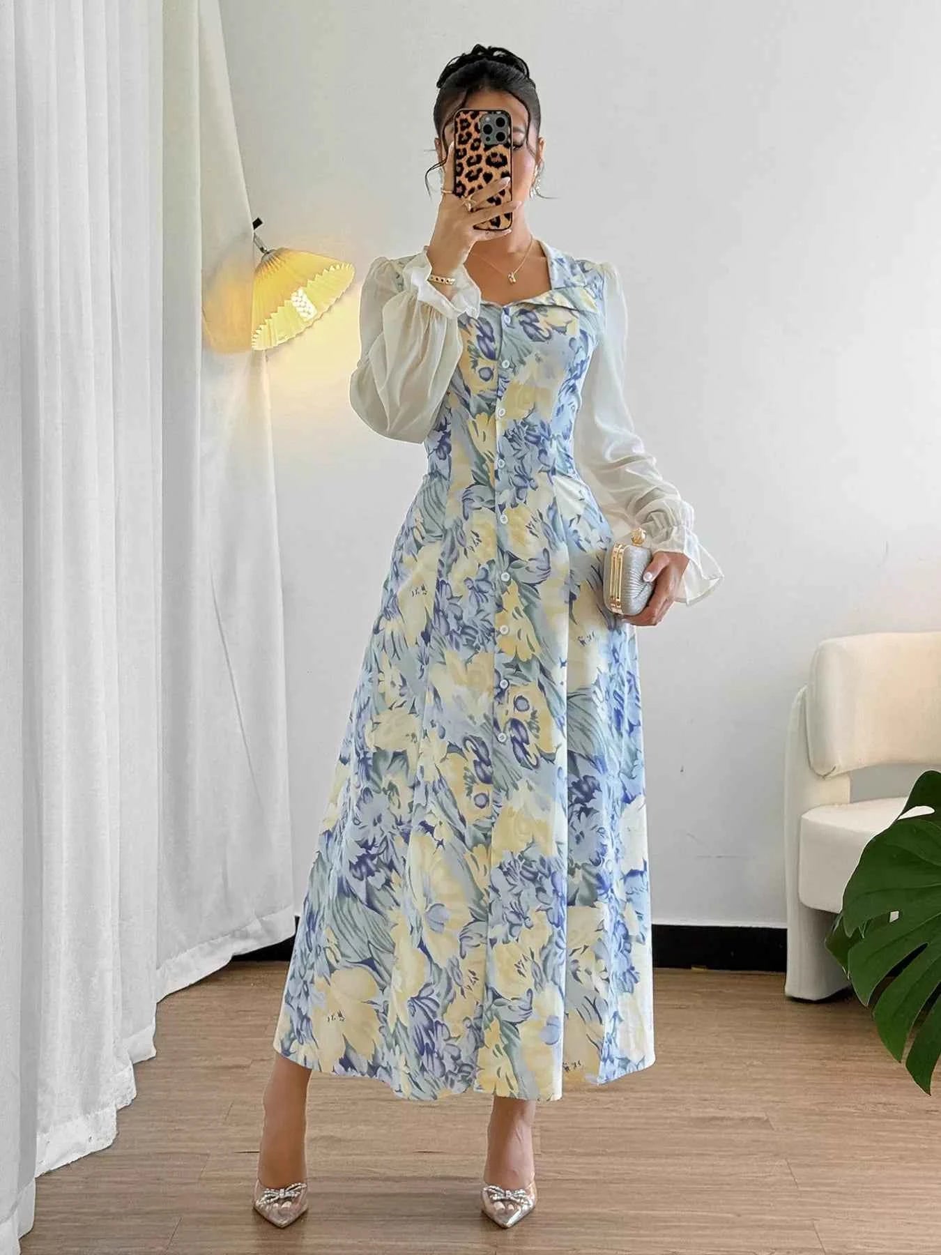 Floral Print Sheer Flounce Sleeves Dress