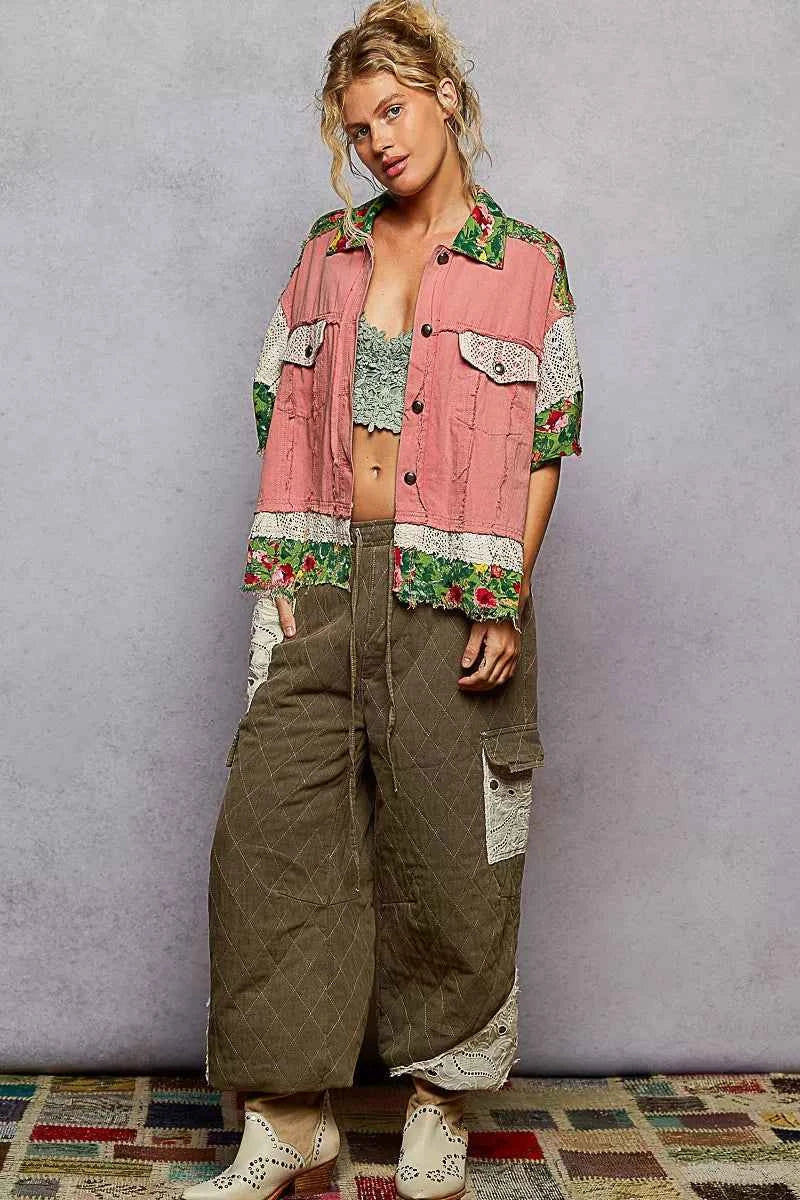 POL Lace Patch Floral Half Sleeve Shacket