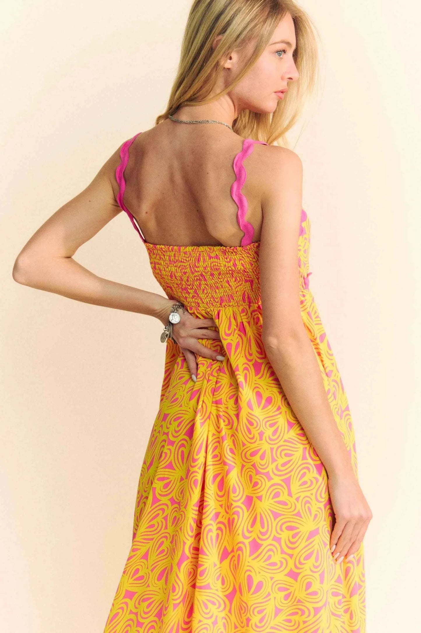 Davi & Dani Geo 2 Tone Printed Wavi Trim Tiered Maxi Dress