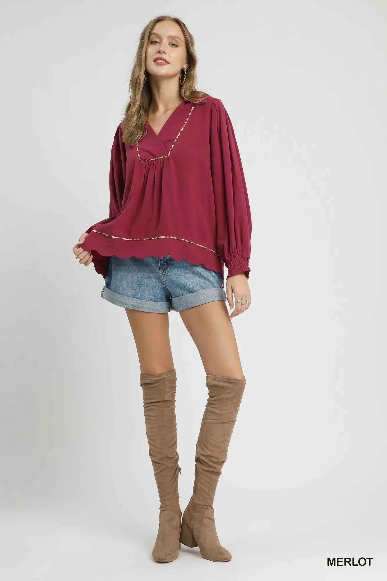 Umgee Full Size Linen Scallop Hem Blouse with Contrast Trim Plus Size