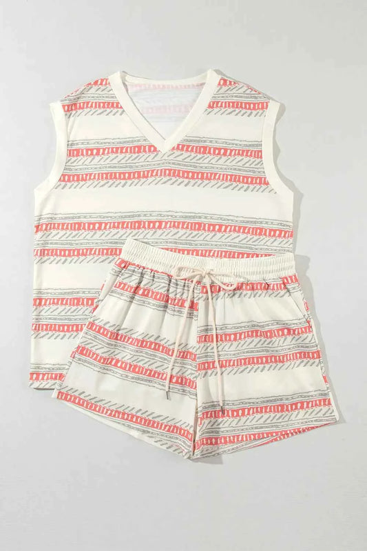 V-Neck Sleeveless Top and Drawstring Shorts Set