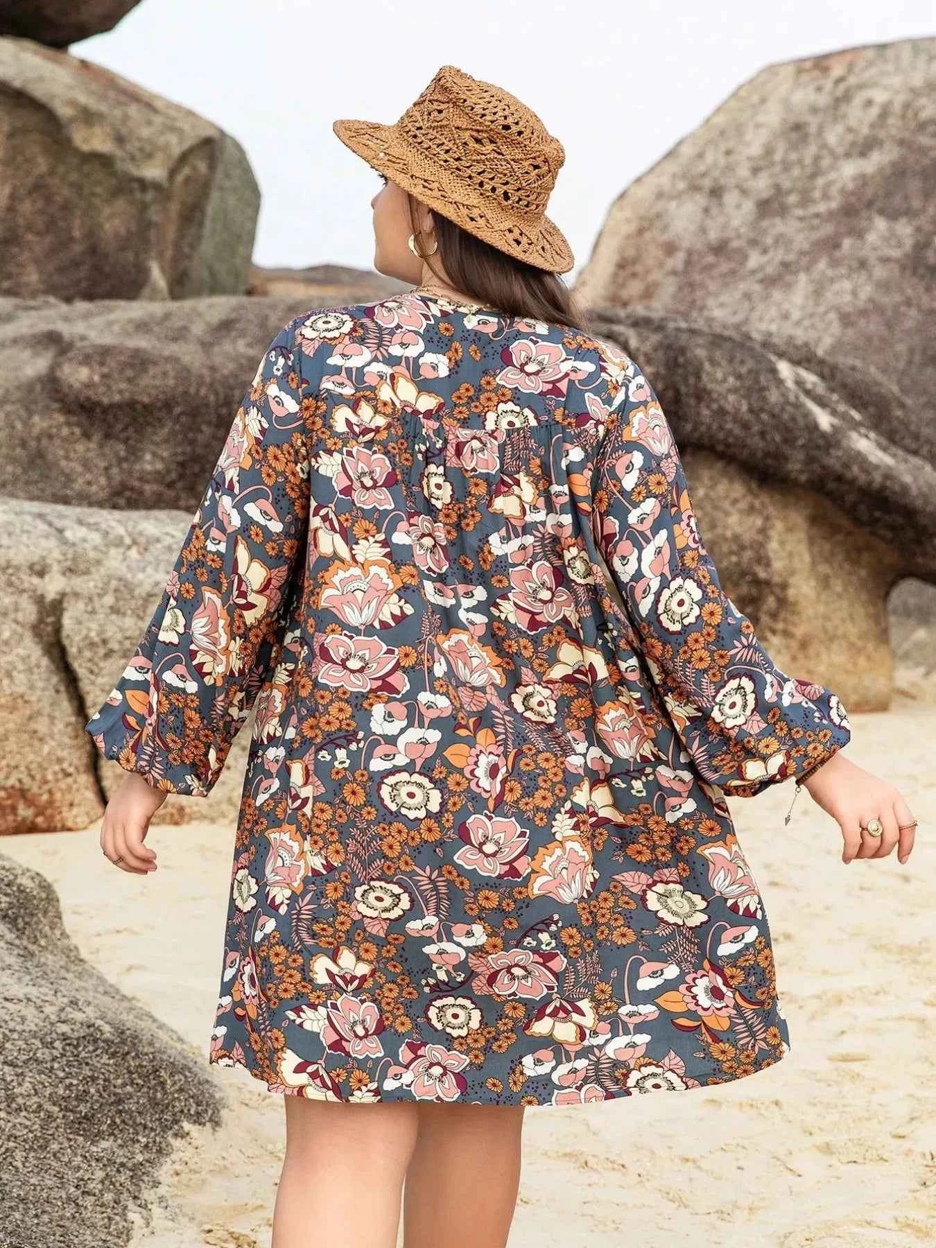 Plus Size Floral Print Long Sleeve Mini Dress