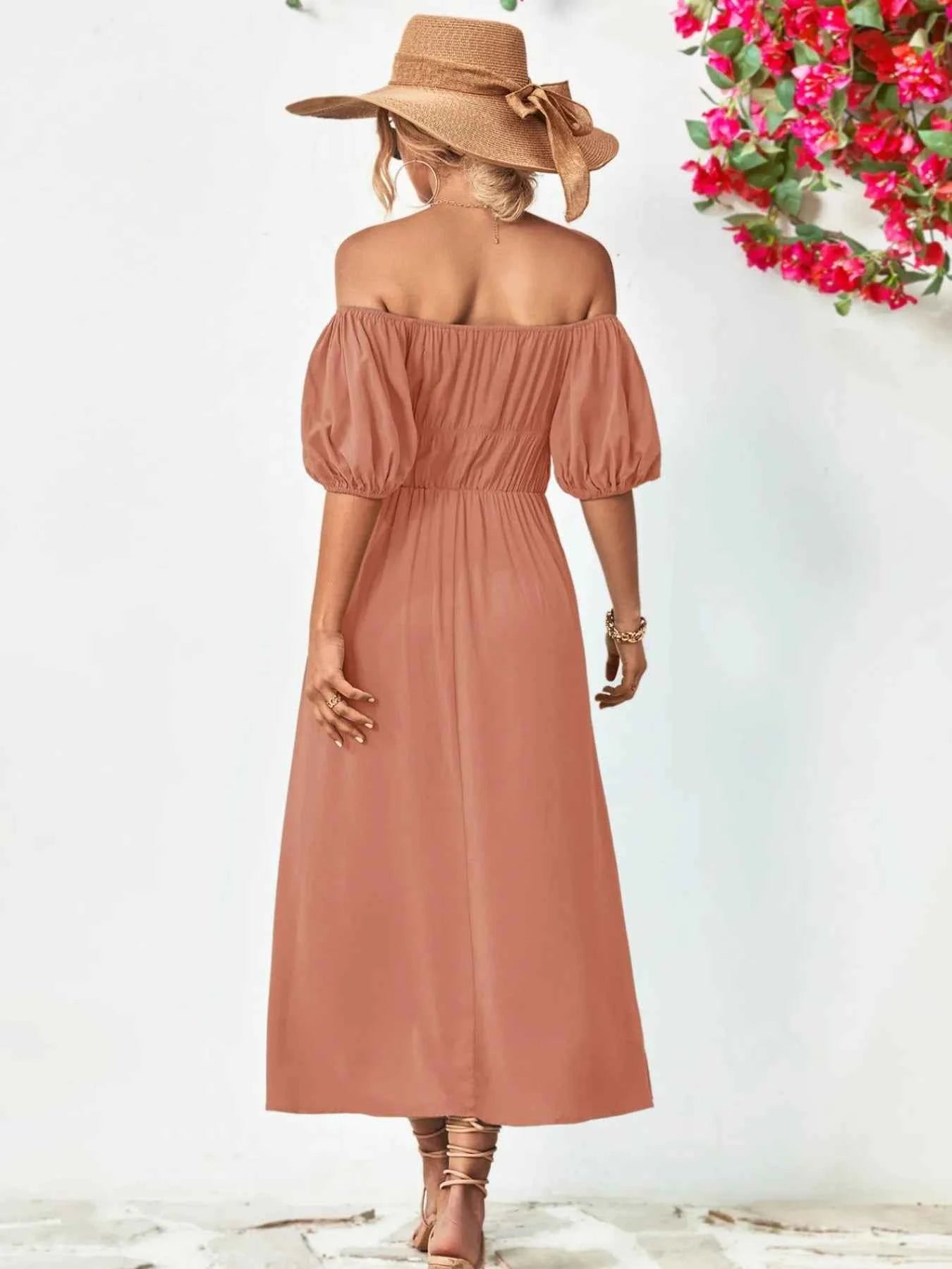 Off-Shoulder Puff Sleeve Smocked Maxi Dress