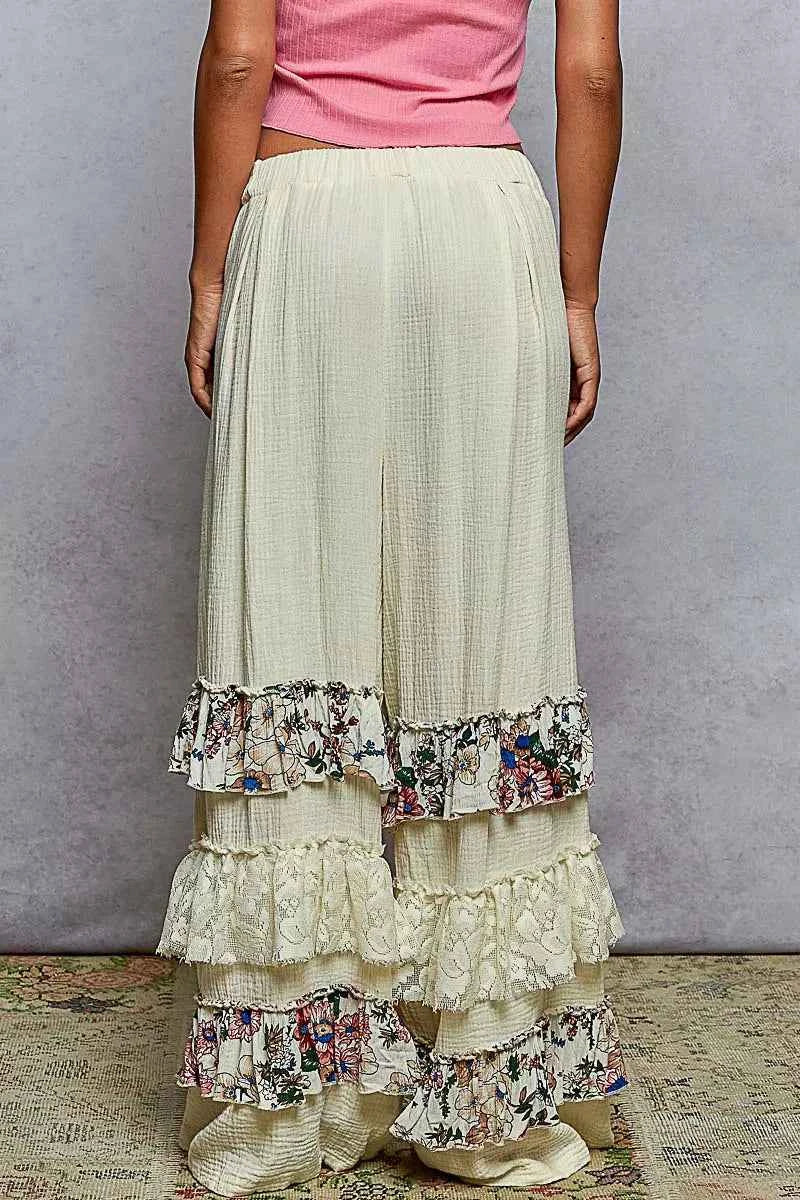 POL Drawstring Double Gauze Wide Leg Pants with Print and Lace Ruffle