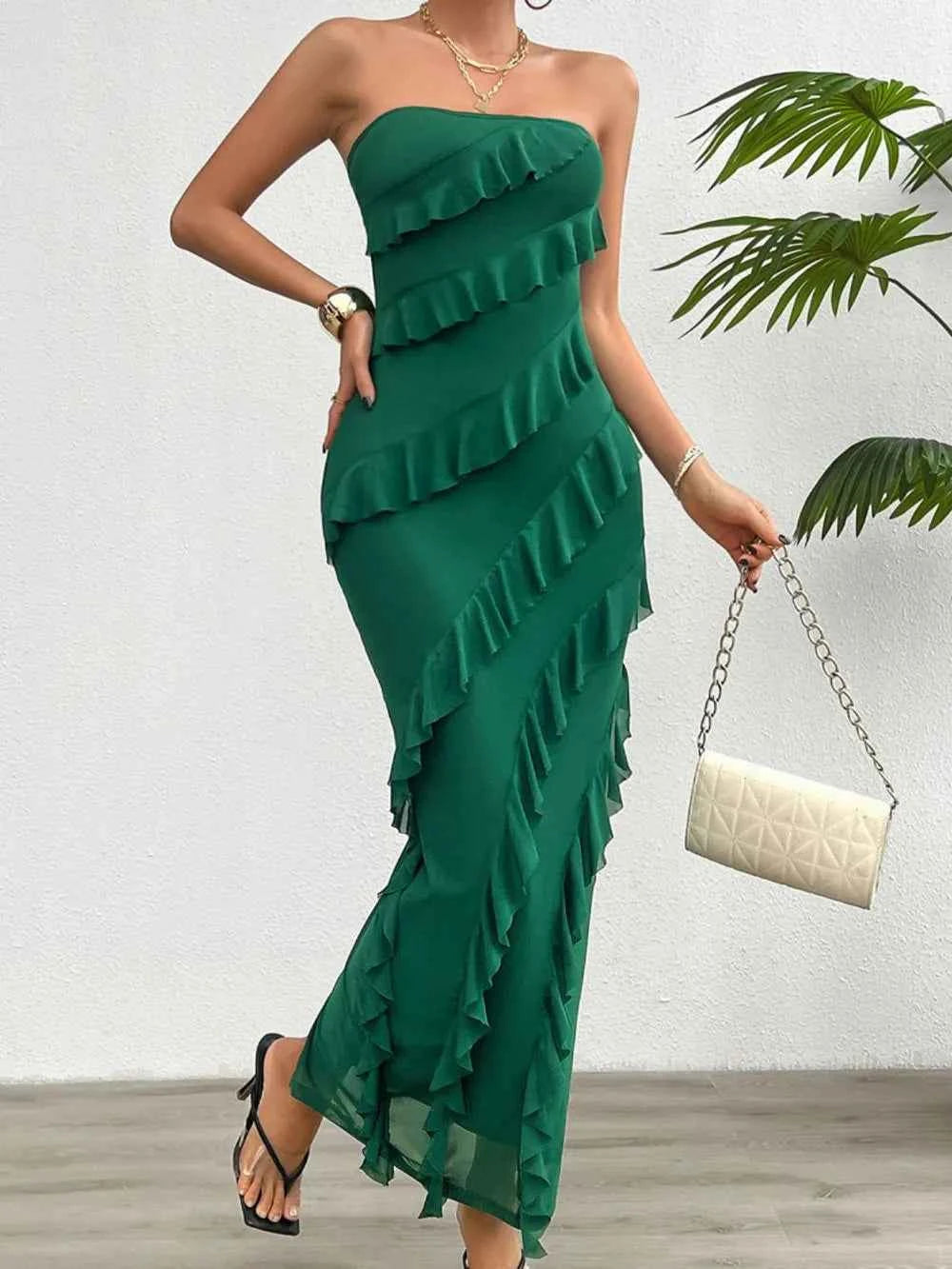 Ruffled Slit Back Tube Maxi Dress