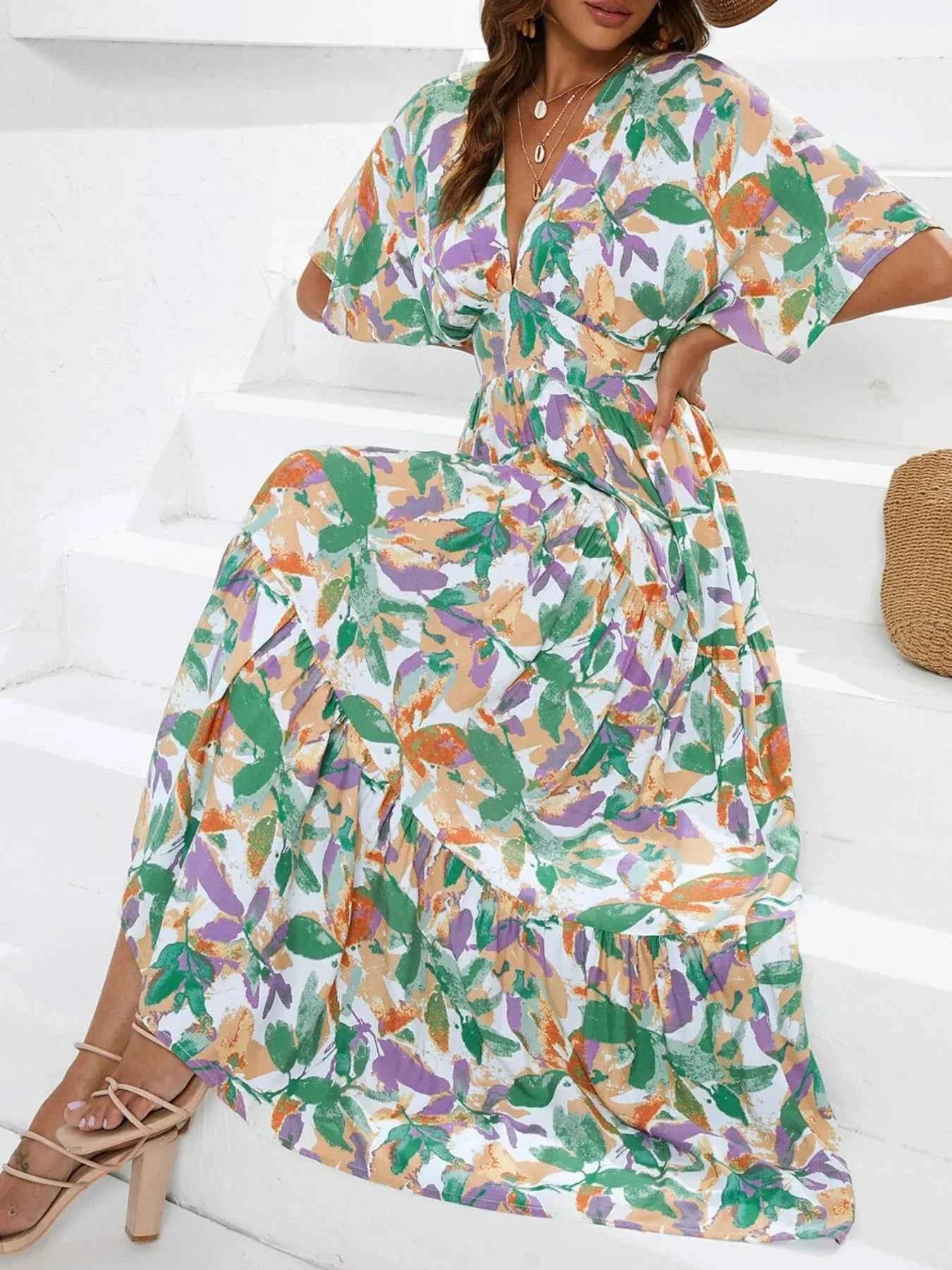 Floral Print V-neck Boho Midi Dress