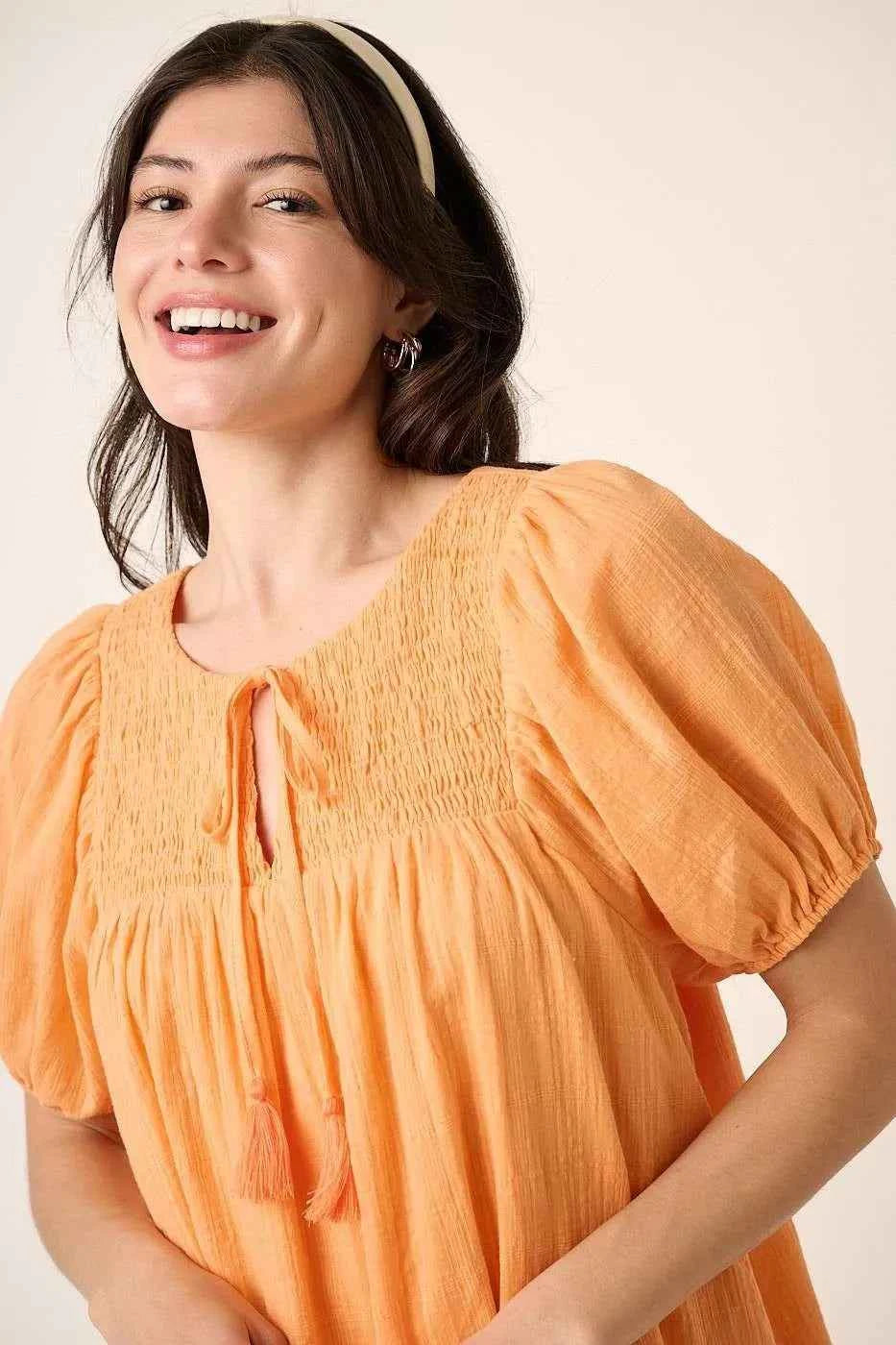 Mittoshop Tassel Tie Plaid Gauze Short Sleeve Mini Dress