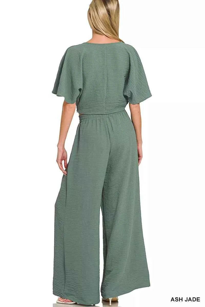 Zenana Woven Airflow Twisted Top & Wide Leg Pants Set