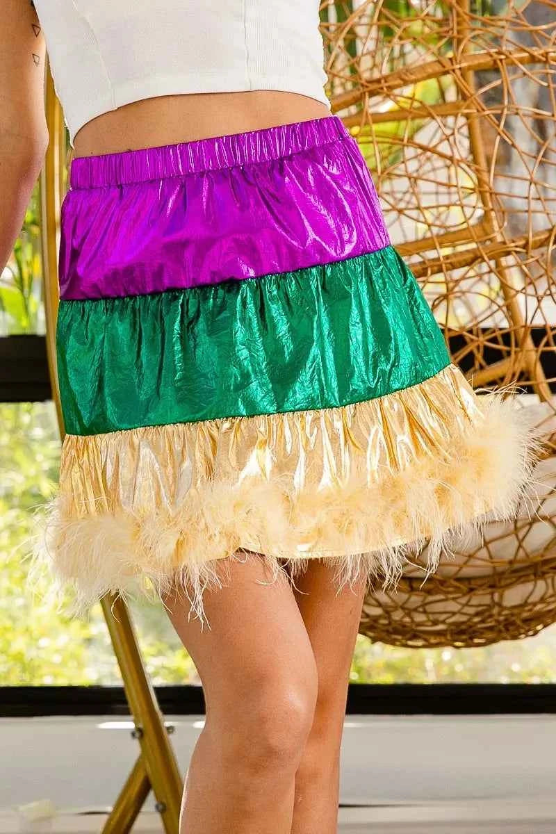 BiBi Faux Feather Hem Mardi Gras Metalic Mini Skirt