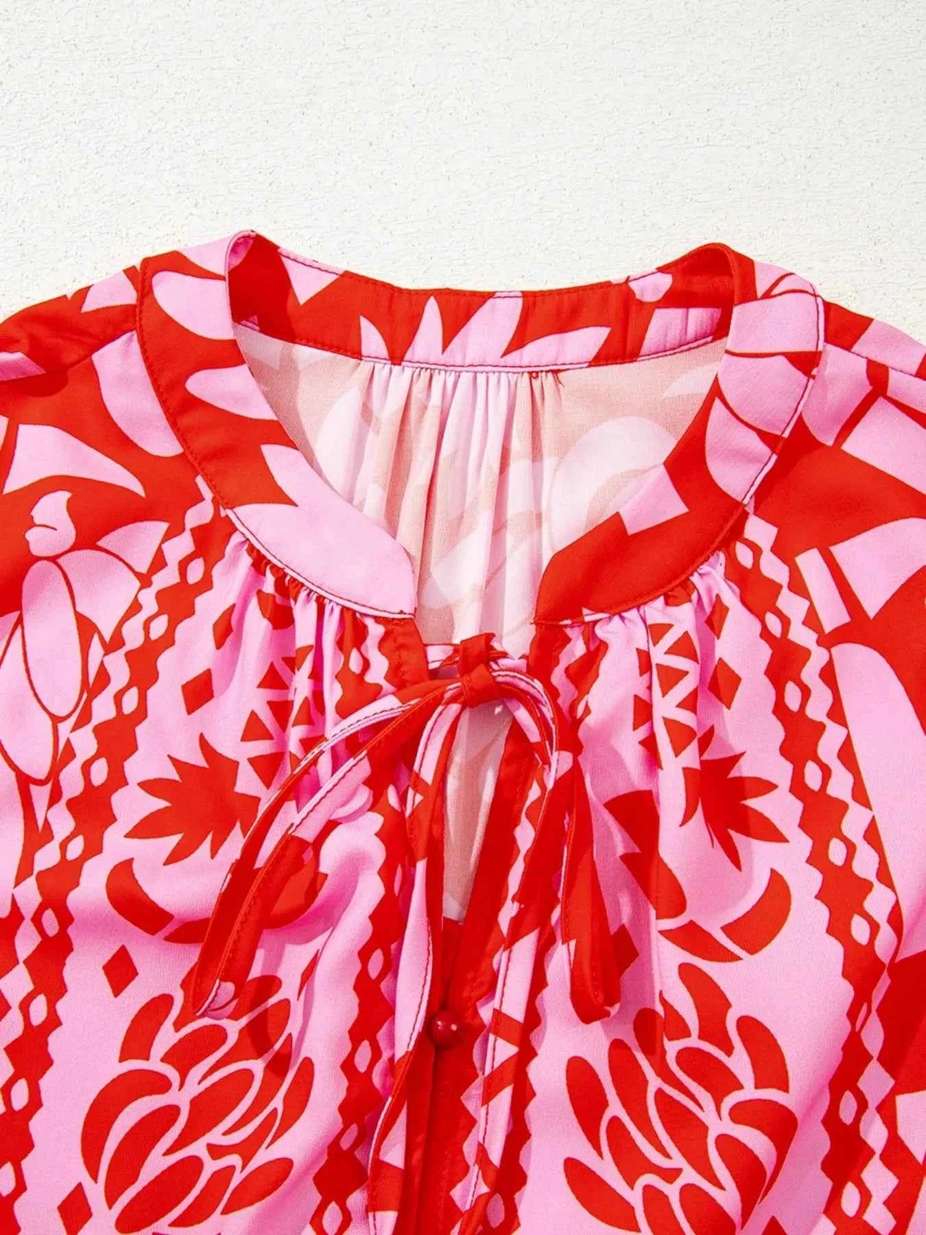 Floral Print Tie-Neck Button Down Shirt