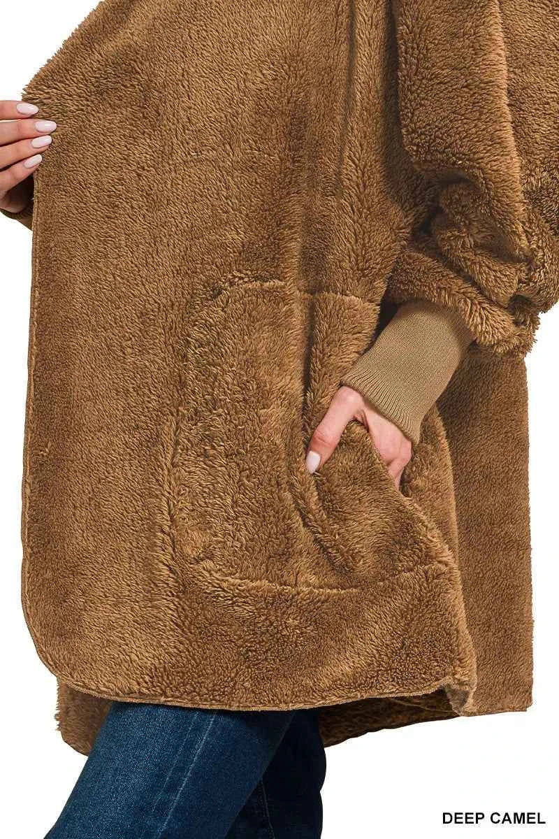 Zenana Hooded Faux Fur Jacket with Pockets