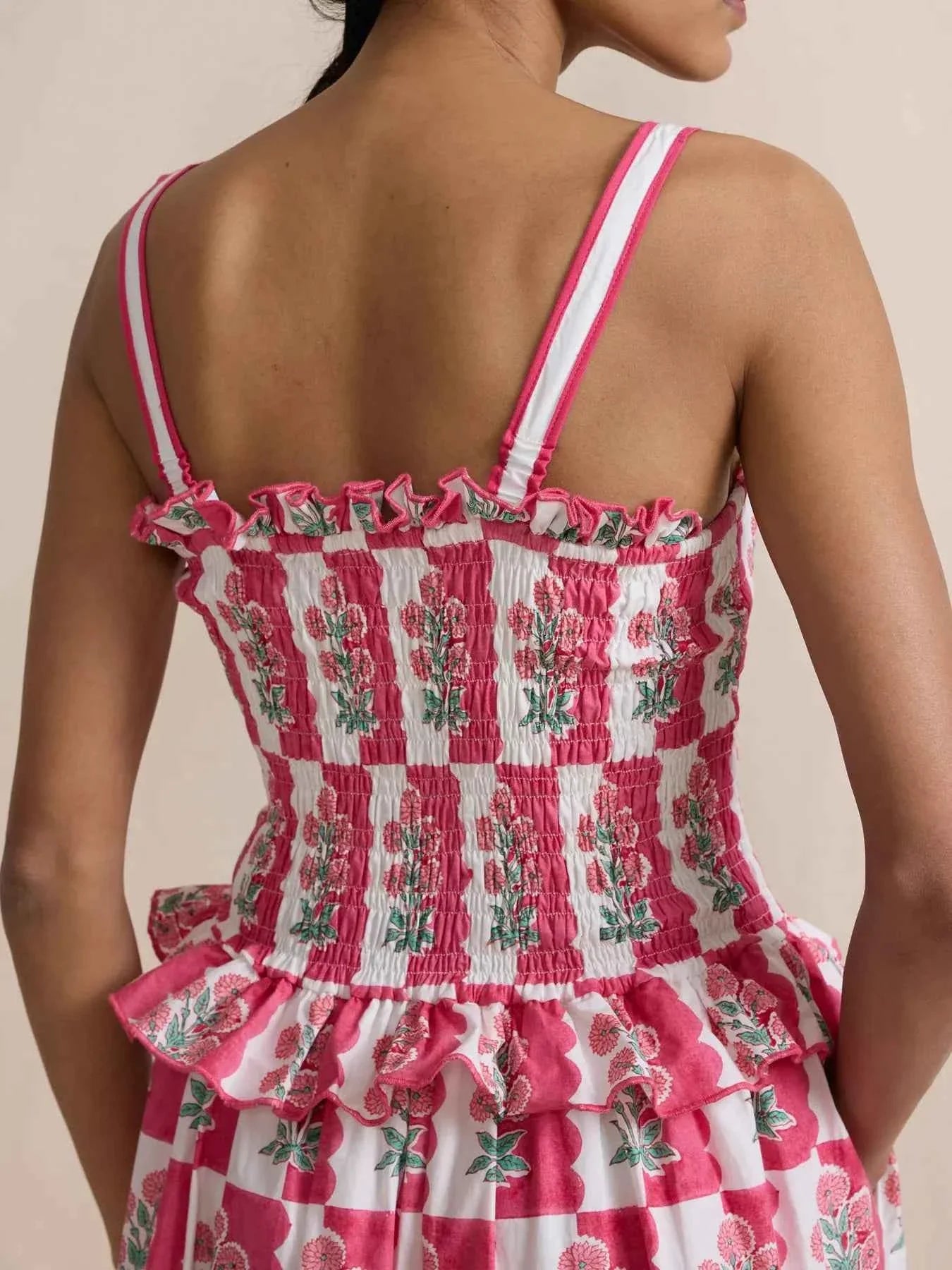 Bohemian Floral Print Smocked Tiered Maxi Dress
