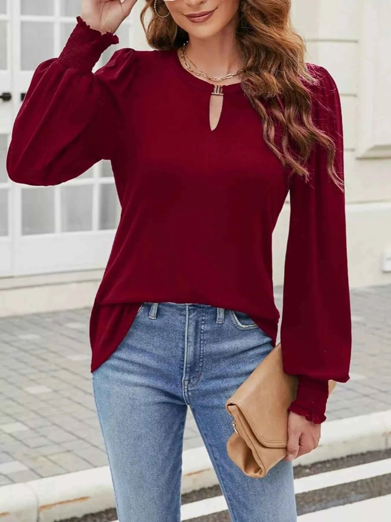Long Sleeve Keyhole Neck Blouse