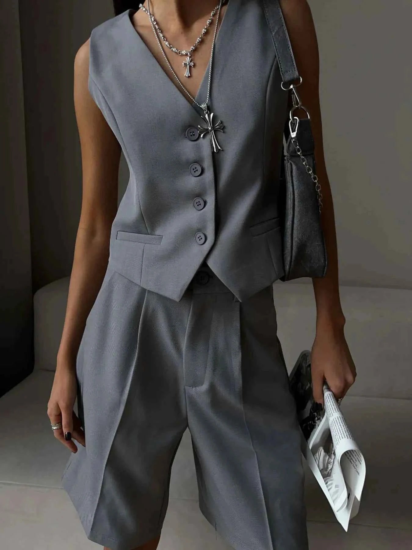 V-Neck Vest and Pants Two-Piece Blazer Set