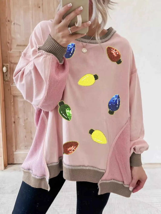 Waffle Color Block Patchwork Sequin Christmas Light Bulb Loose Sweatshirt