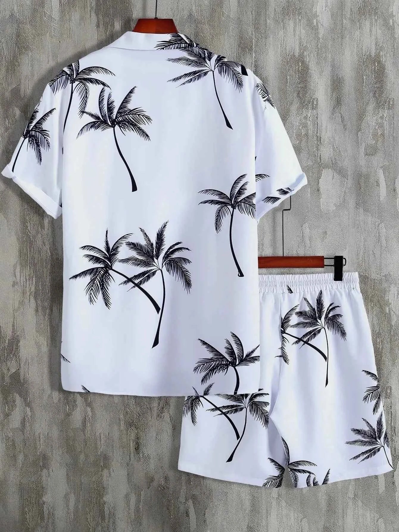 Men's Full Size Palm Print Button Up Shirt and Shorts Set Plus Size