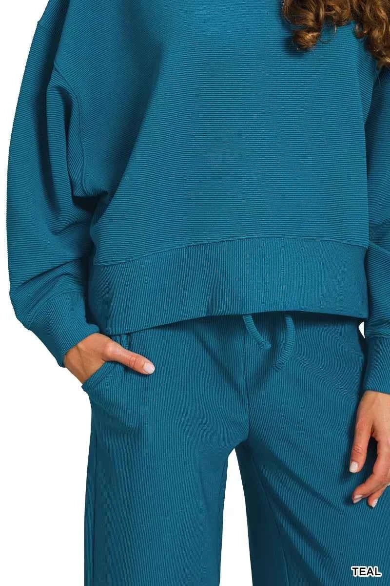 Zenana Ribbed Round Neck Pullover and Drawstring Pants Set
